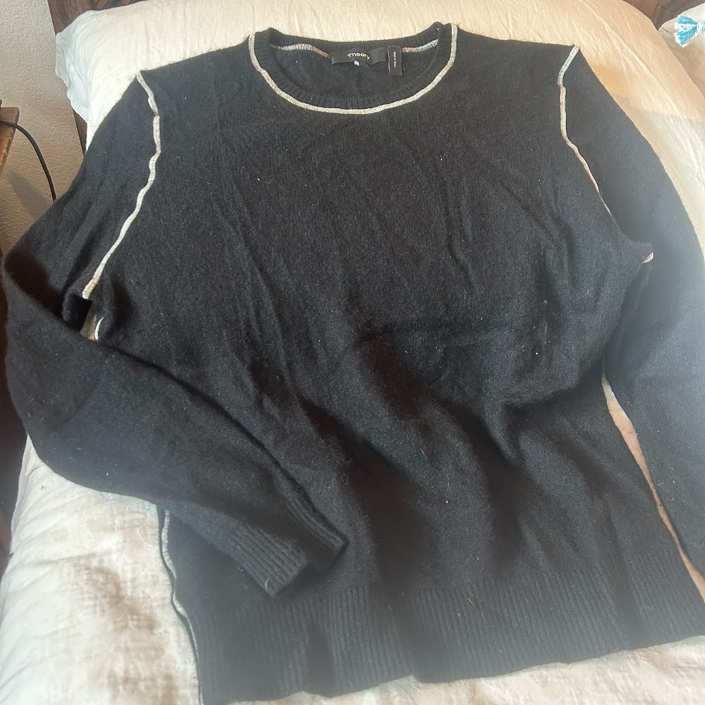 Theory Black Crewneck Sweater with White Trim